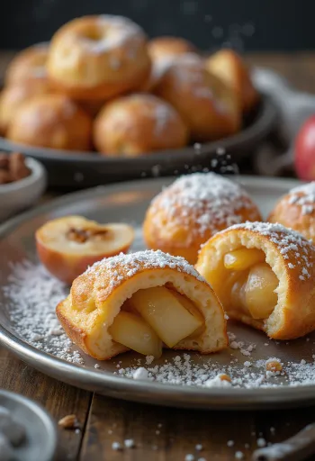 Æbleskiver mit Apfel-Zimt-Füllung, goldbraun gebacken, mit Puderzucker bestäubt