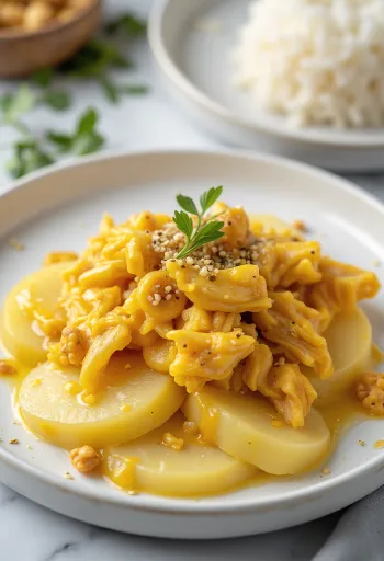 Ají de Gallina ohne Ei, cremiges Hähnchen in gelber Sauce, serviert mit Reis und Kartoffeln