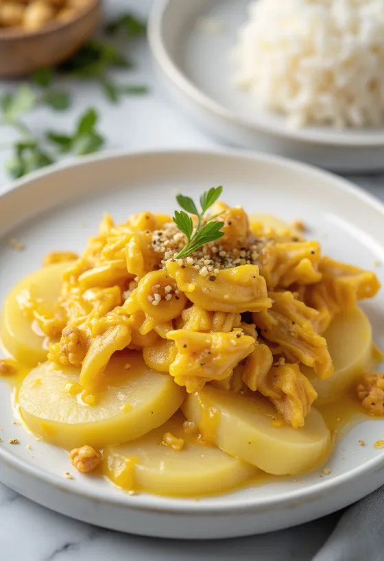 Ají de Gallina ohne Ei, cremiges Hähnchen in gelber Sauce, serviert mit Reis und Kartoffeln