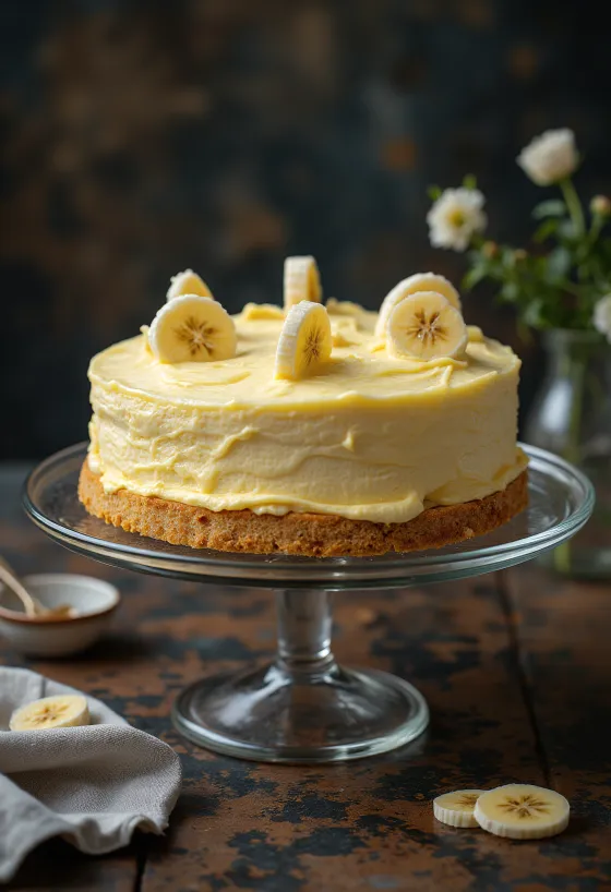 Bananen-Sahne-Torte mit Bananenscheiben dekoriert