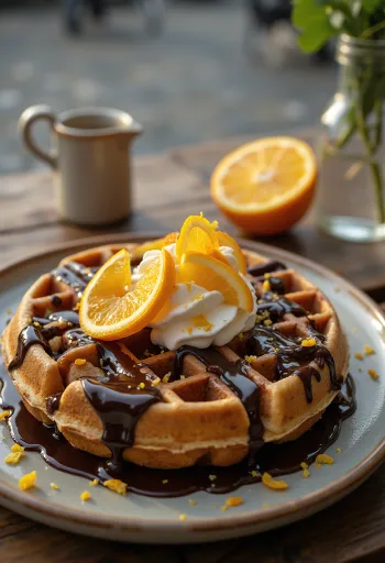 Servierte belgische Schoko-Orangen-Waffeln