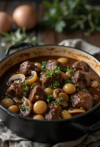 Bœuf Bourguignon mit frischem Thymian und Brot serviert