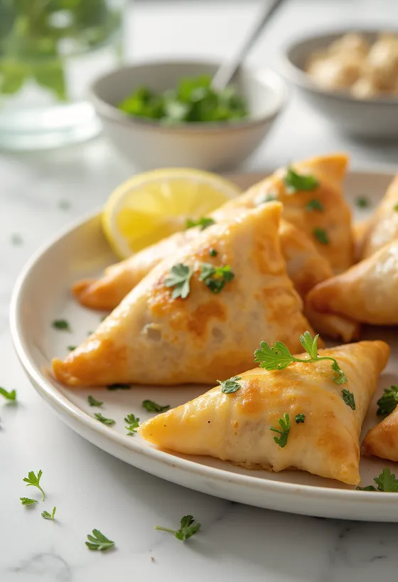 Servierte Samosas mit Kichererbsen und Koriander