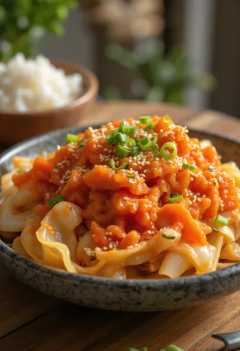 Frisches Geotjeori Kimchi, garniert mit Knoblauch und Schnittlauch