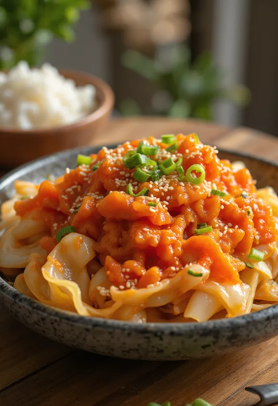 Frisches Geotjeori Kimchi, garniert mit Knoblauch und Schnittlauch