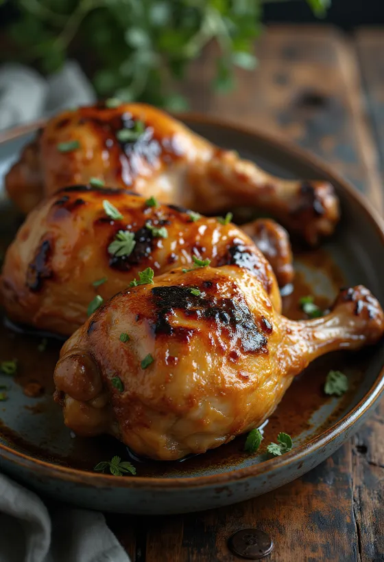 Gegrillte Putenunterkeulen serviert mit frischen Kräutern und Röstgemüse.
