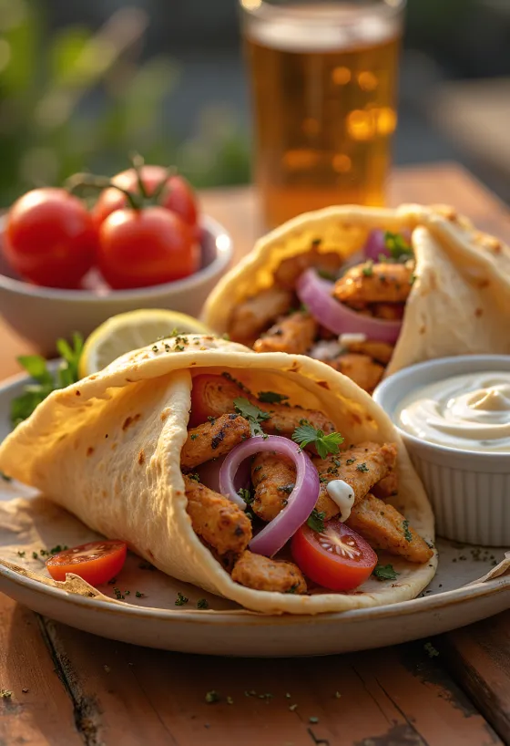 Frisch gebratenes Gyros-Fleisch in Pita, serviert mit Gemüse und Joghurt-Dressing.