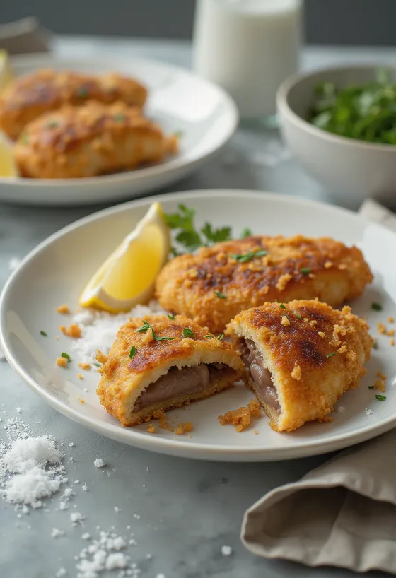 Knusprig panierte Schweineleber, goldbraun gebraten, mit Salat serviert