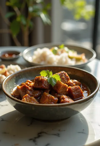 Rendang Santan mit dicker Sauce, Rindfleischstücke, serviert mit Reis