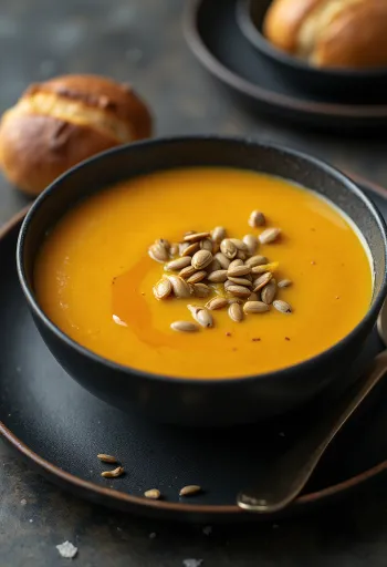 Kürbiscremesuppe, serviert mit gerösteten Kernen und frischem Olivenöl.