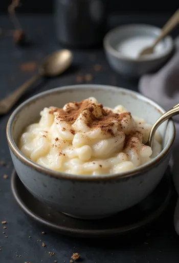 Cremiger Milchreis mit Zimt und frischen Früchten serviert