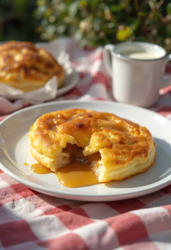 Mit Karamellcreme gefüllte Æbleskiver, goldbraun gebacken, mit Puderzucker bestäubt