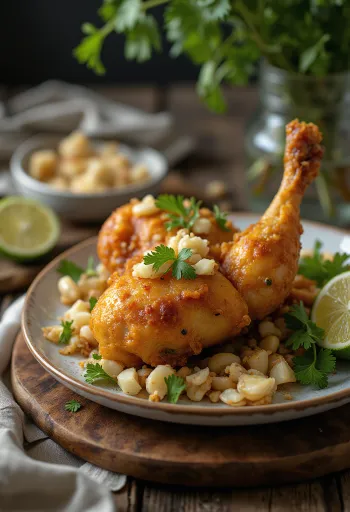 Ayam Penyet in Knoblauch-Marinade, serviert mit frischem Koriander und Spinat