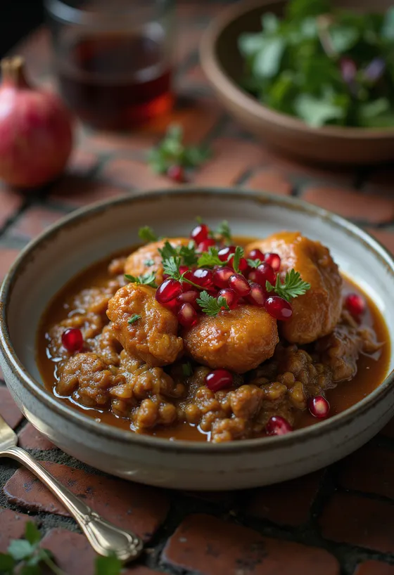 Fesenjoon mit Hühnchen serviert, Granatapfelkerne und Reisbeilage