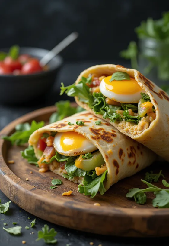 Wrap mit gegrillter Aubergine, frischem Gemüse und Hummus