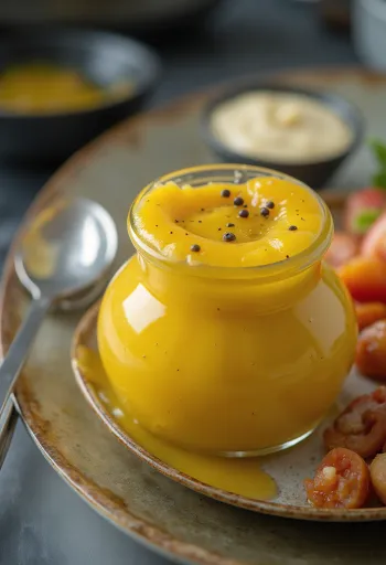 Fruchtige Honig-Senf-Sauce in einer Schale, daneben frisches Obst und Gemüse.