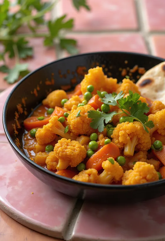 Gemüse-Karahi serviert mit frischem Koriander