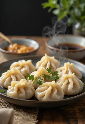 Chinesische Schweinefleisch-Jiaozi Teigtaschen gekocht, auf weißem Teller serviert