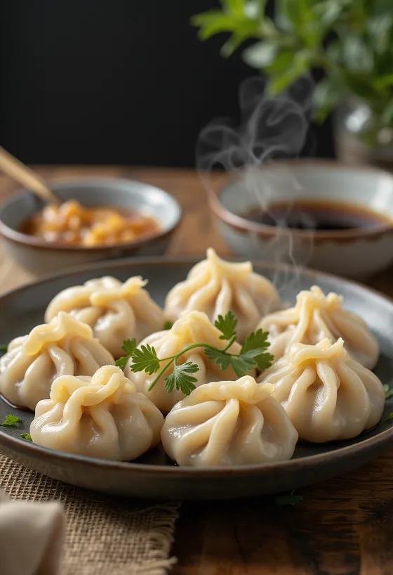 Chinesische Schweinefleisch-Jiaozi Teigtaschen gekocht, auf weißem Teller serviert