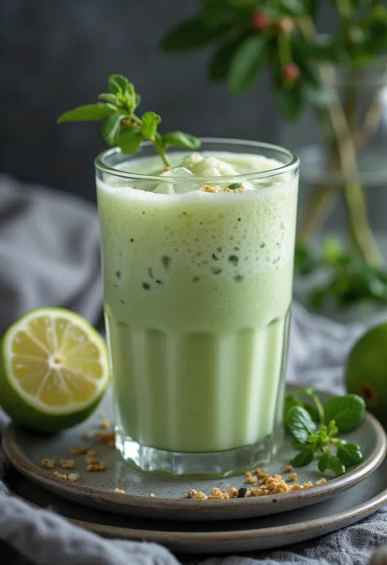 Minz-Lassi im Glas, mit Eiswürfeln garniert