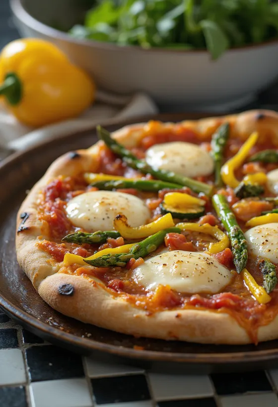 Pizza Primavera mit Frühlingsgemüse und Basilikum