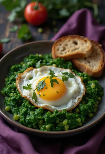 Cremiges Spinatgemüse mit Sahne verfeinert, serviert mit frisch gebratenem Spiegelei