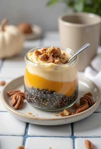 Kürbis-Chia-Pudding, serviert mit Zimt und gerösteten Nüssen.