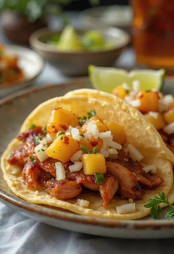 Taco al Pastor in Maistortilla mit mariniertem Fleisch und Ananas