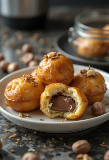 Mit Nutella gefüllte Æbleskiver, goldbraun gebacken und mit Puderzucker bestreut