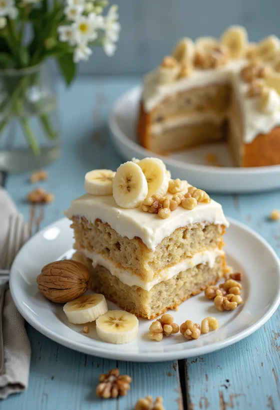 Bananen-Walnuss-Torte dekoriert mit frischen Bananenscheiben und Nüssen