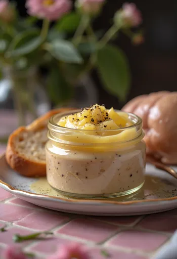 Hähnchenleber-Pastete mit cremiger Konsistenz, serviert mit frischen Kräutern und knusprigem Toast