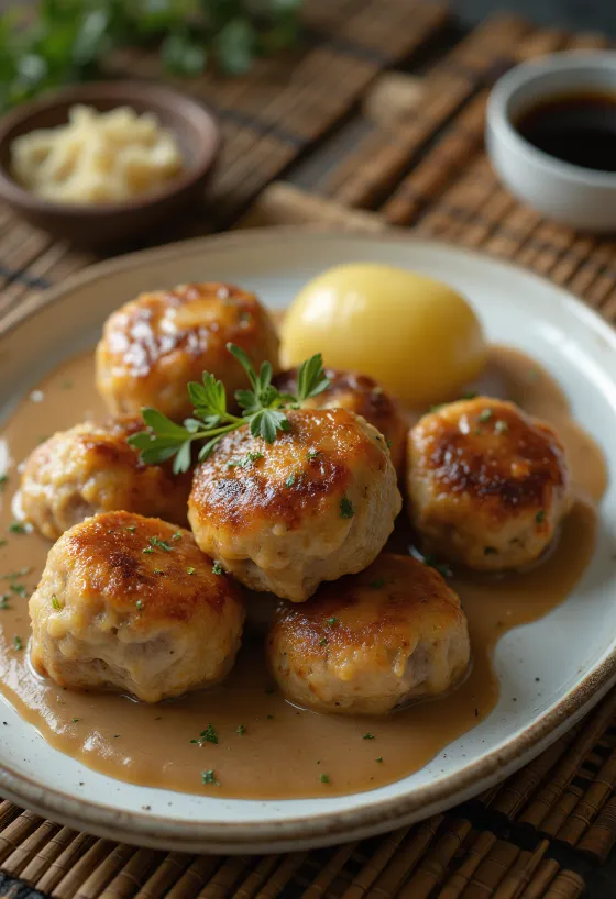 Frikadeller mit brauner Soße, serviert mit Petersilie