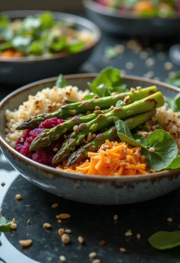 Gegrillter Spargel Buddha Bowl serviert