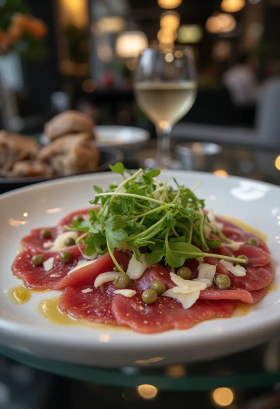 Carpaccio vom Pferd serviert mit Rucola, Parmesan und Kapern.