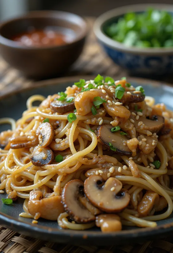 Japchae mit verschiedenen Pilzen und Glasnudeln
