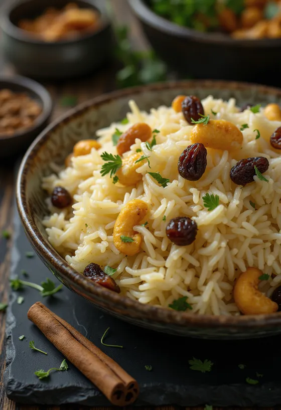 Kaju Kishmish Pulao mit Cashews und Rosinen, serviert mit frischem Koriander