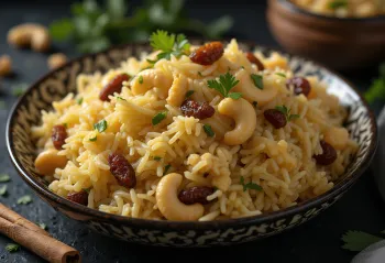 Kaju Kishmish Pulao mit Cashews und Rosinen, serviert mit frischem Koriander