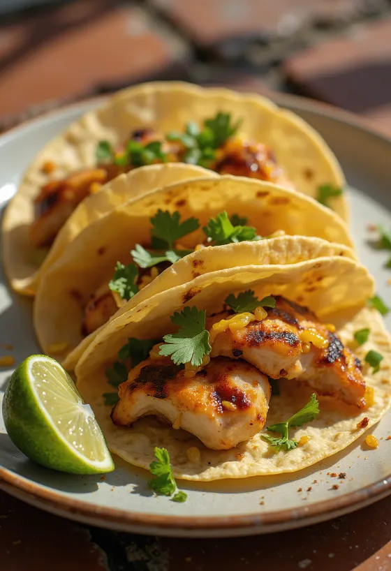 Pollo Asado Taco serviert mit Limette und Koriander