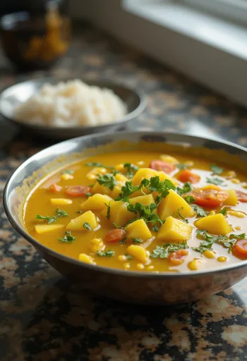 Rasam mit grüner Mango, serviert mit reichhaltigen Gewürzen