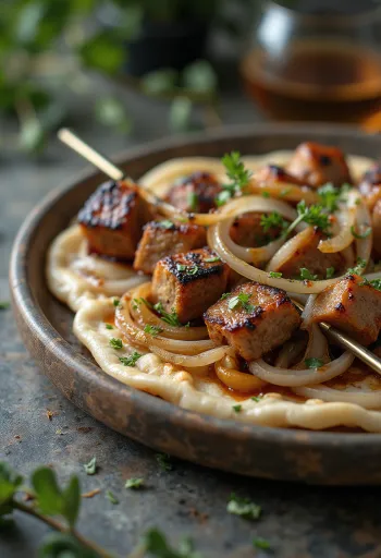 Schaschlikspieße serviert mit Grillgemüse