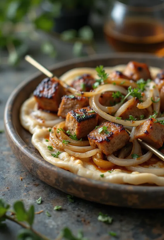Schaschlikspieße serviert mit Grillgemüse