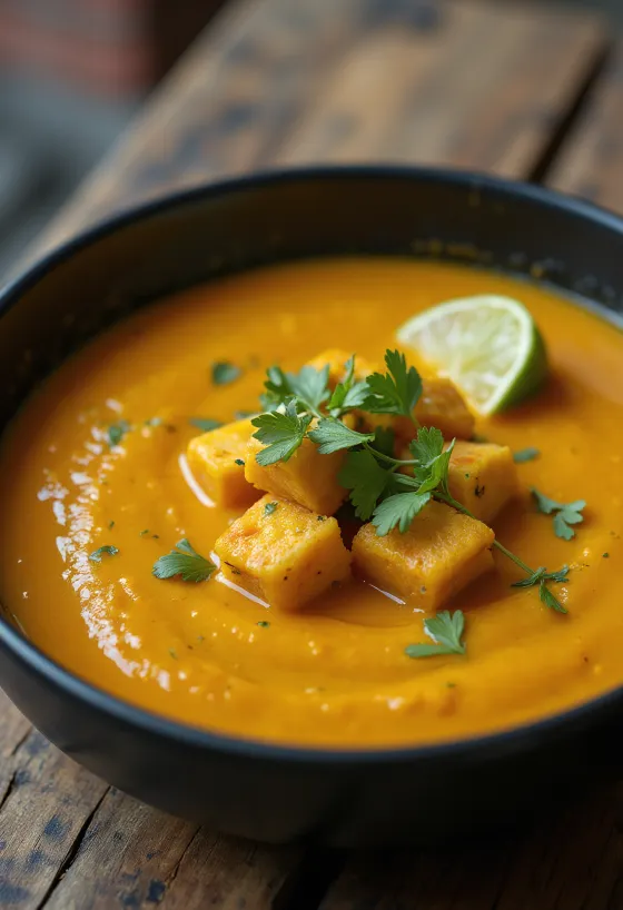 Cremiges Kürbis-Curry mit Tofu-Topping