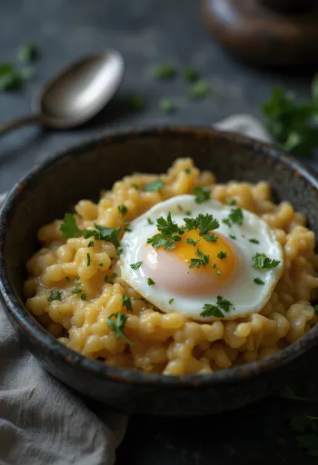 Açorda mit pochiertem Ei, garniert mit frischem Koriander und Zitronensaft