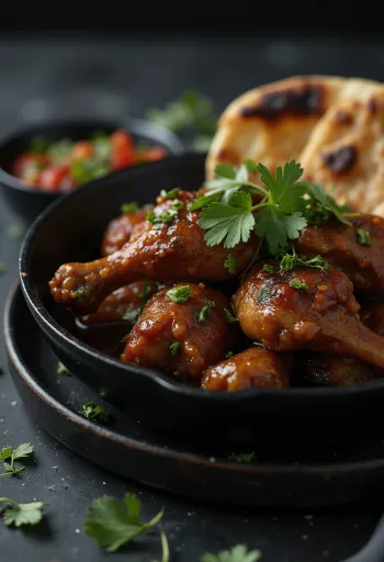 Adobo Hähnchen serviert mit Naan Brot, in köstlicher würziger Sauce