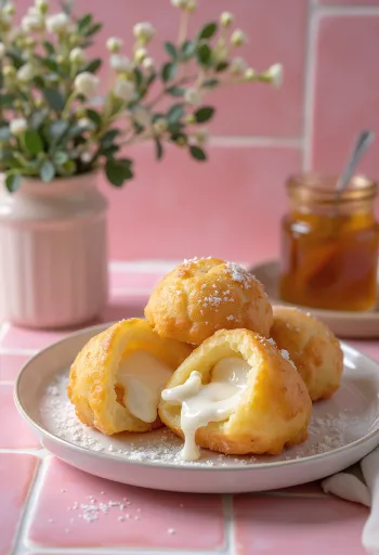Æbleskiver mit Ricotta-Füllung, goldbraun, mit Puderzucker bestäubt serviert
