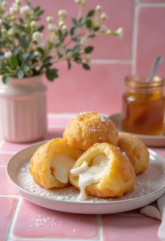 Æbleskiver mit Ricotta-Füllung, goldbraun, mit Puderzucker bestäubt serviert