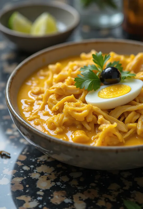 Glutenfreies Ají de Gallina, Huhn mit Erdnüssen und gelber Chili serviert
