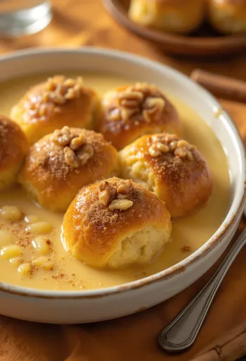 Ungarische Goldnockerln mit Vanillesauce serviert