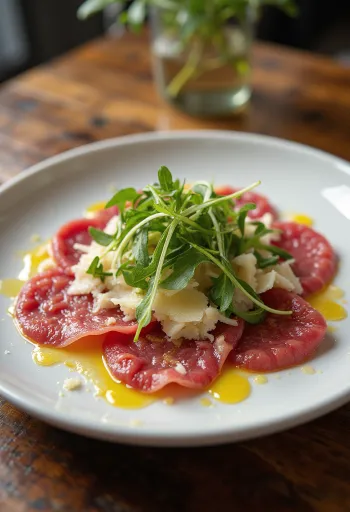 Rinder-Carpaccio mit Rucola und Parmesan serviert