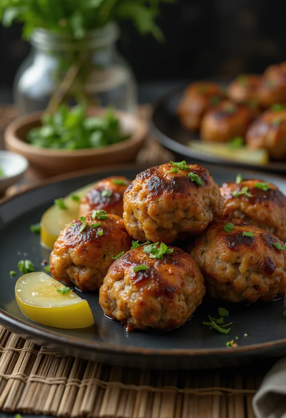 Frikadeller serviert mit Salzkartoffeln und Krautsalat